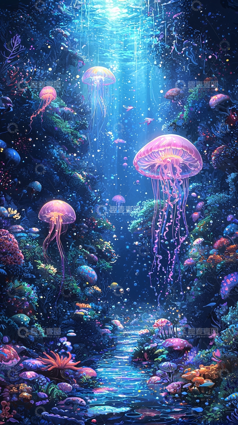 高清大图下载【趣麦麦图】梦幻深海水母峡谷