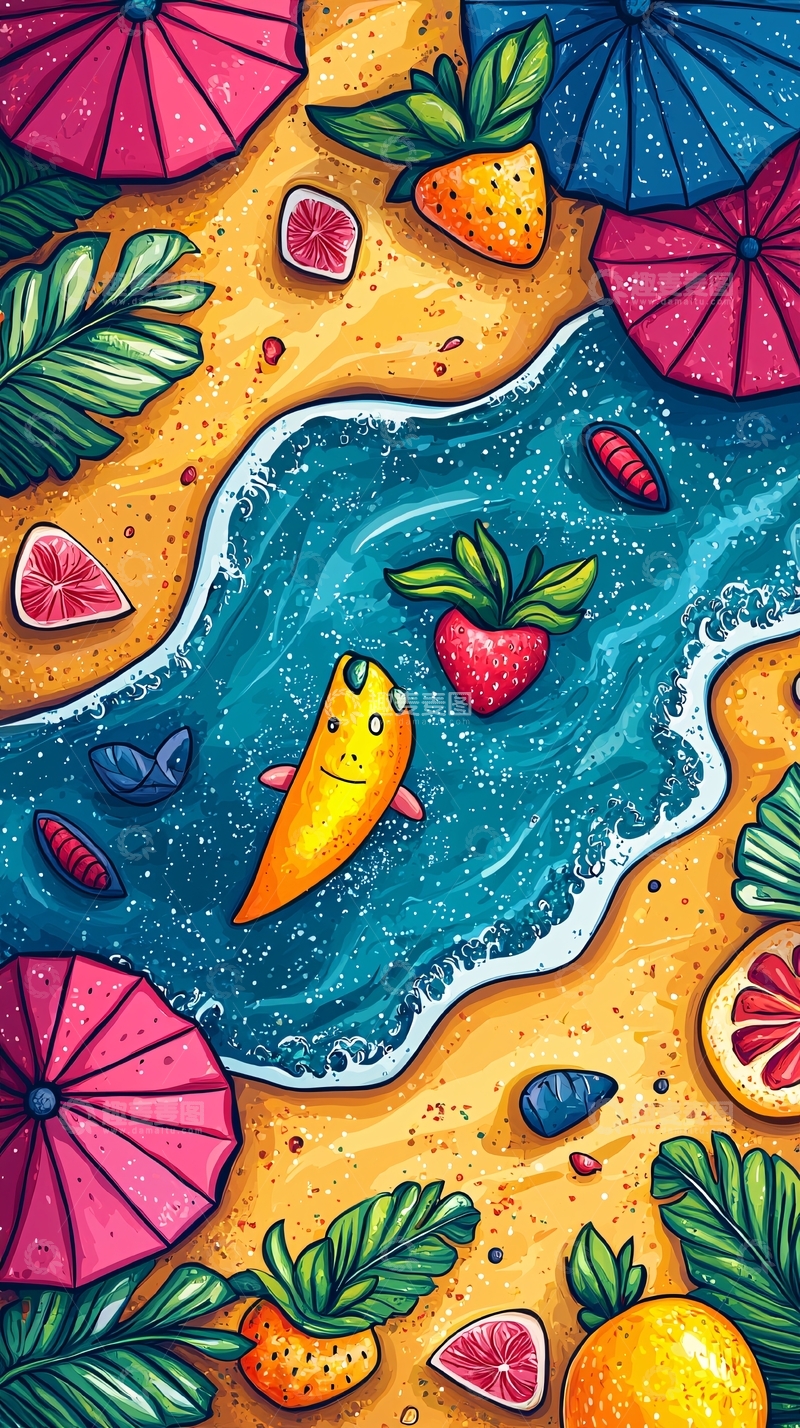 高清大图下载【趣麦麦图】卡通海滩水果