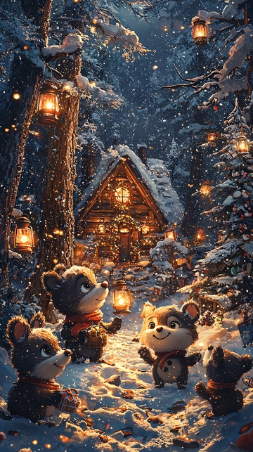 冬日森林小屋卡通场景