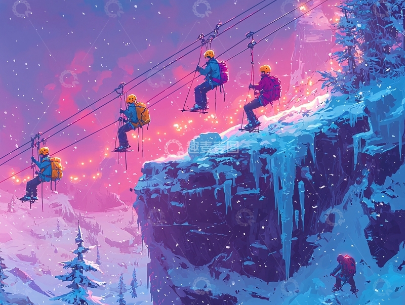 高清大图下载【趣麦麦图】冬季滑雪缆车夜晚