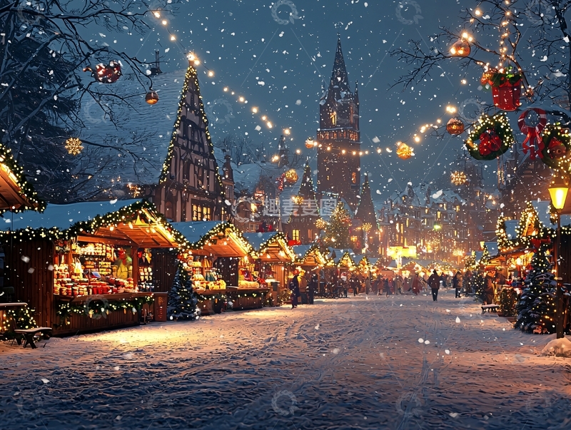 高清大图下载【趣麦麦图】冬日圣诞集市夜景