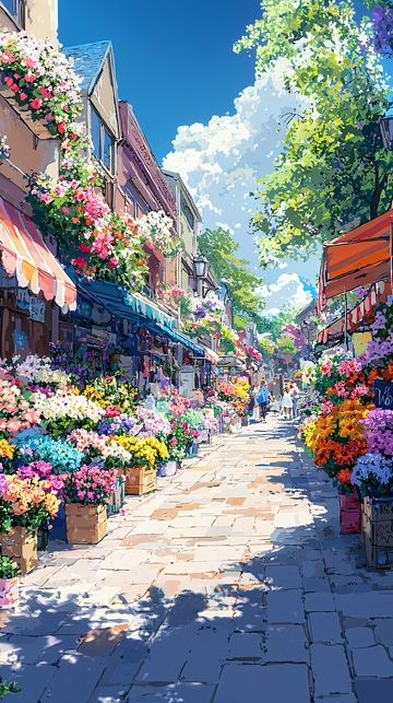 阳光明媚的花店街道