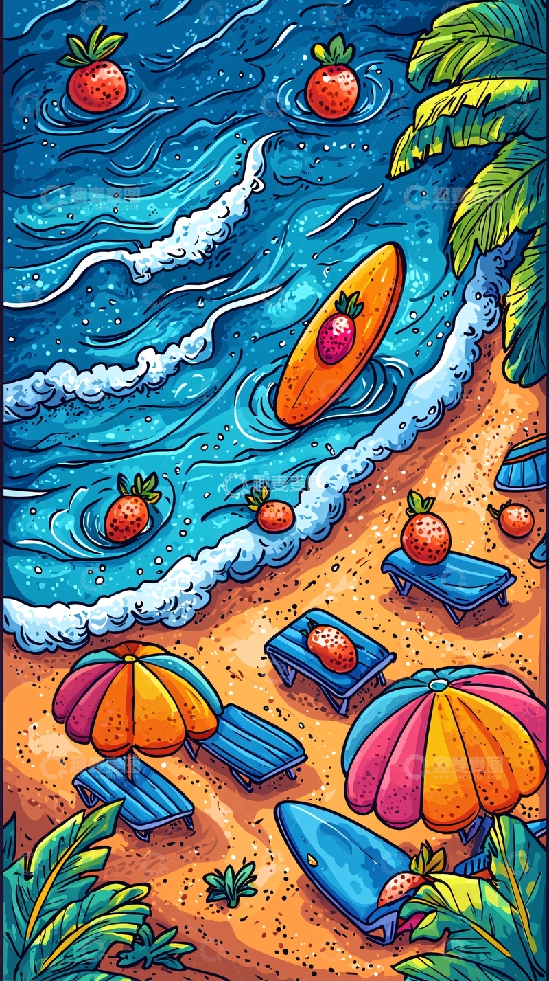 高清大图下载【趣麦麦图】海滩水果插画卡通风格