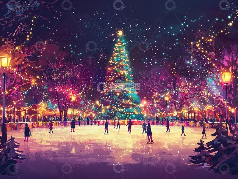 高清大图下载【趣麦麦图】圣诞树下的溜冰场