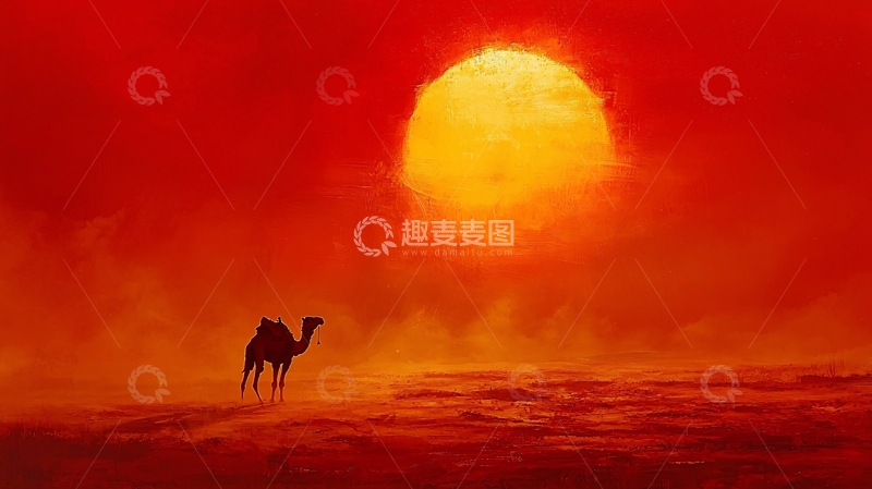 高清大图下载【趣麦麦图】沙漠落日驼影