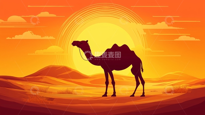 高清大图下载【趣麦麦图】沙漠落日驼影剪影