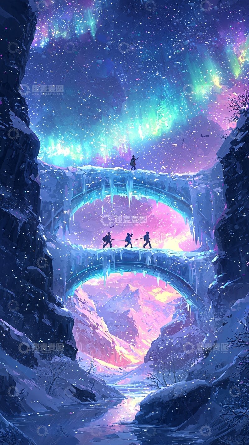 高清大图下载【趣麦麦图】极光下的冰桥奇景