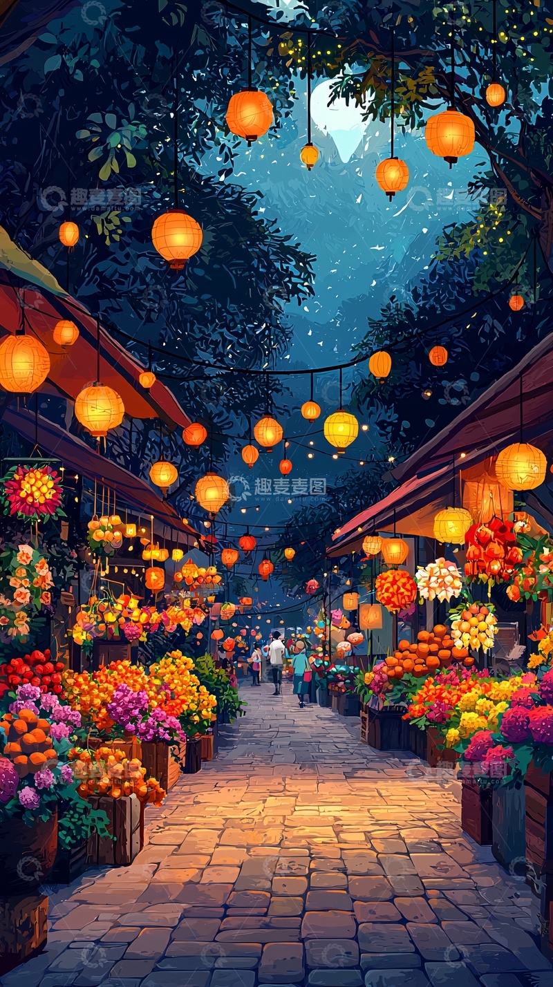 高清大图下载【趣麦麦图】灯笼点缀的花卉市场
