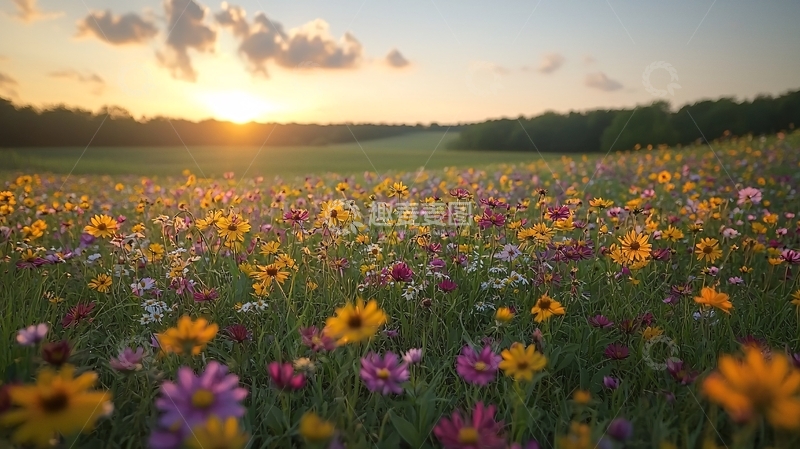 高清大图下载【趣麦麦图】夕阳下色彩斑斓的野花田