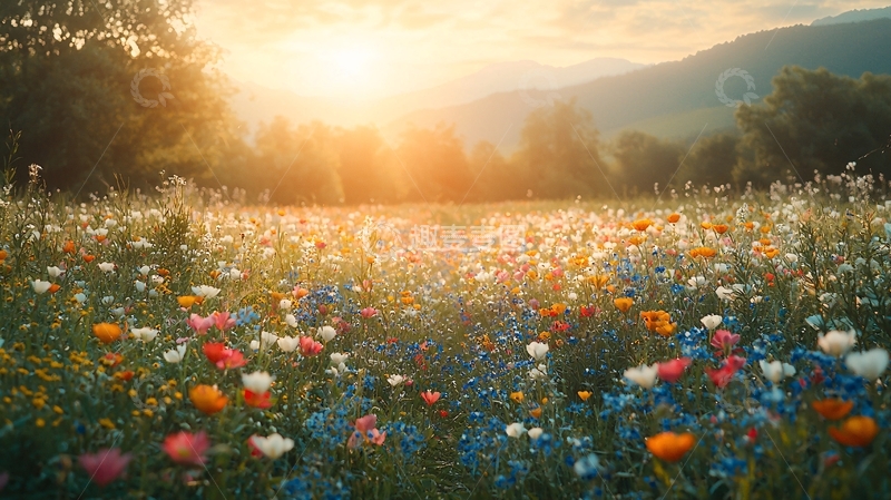 高清大图下载【趣麦麦图】夕阳下盛开的野花田