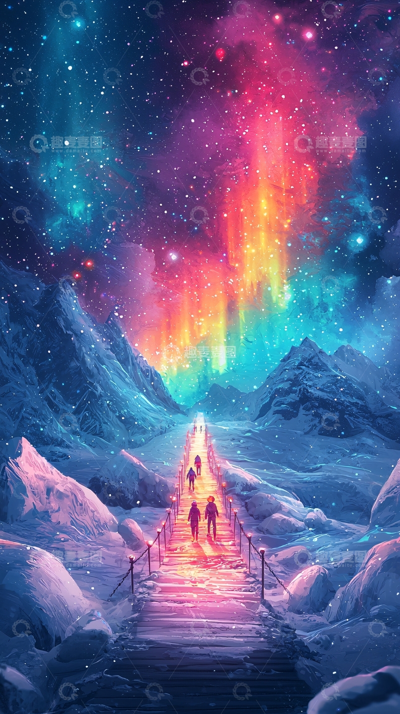 高清大图下载【趣麦麦图】极光下的雪山小路