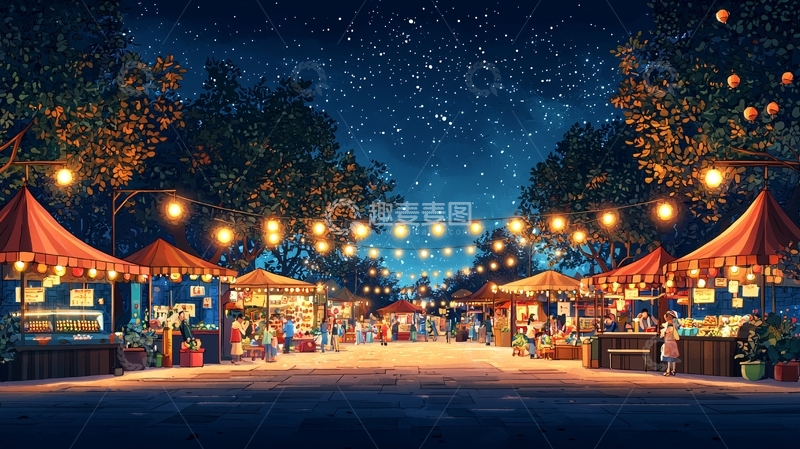 高清大图下载【趣麦麦图】夜市灯光璀璨的景象