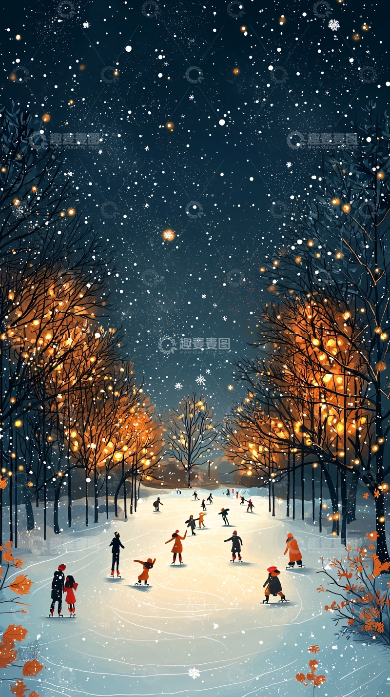 高清大图下载【趣麦麦图】冬夜雪地滑冰道
