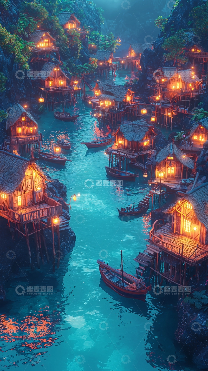 高清大图下载【趣麦麦图】水上村庄夜景