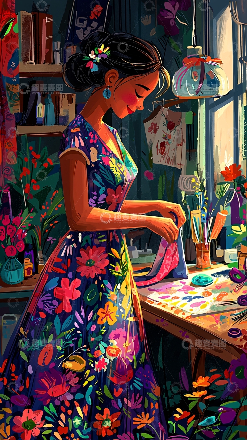 高清大图下载【趣麦麦图】专注缝纫的女子