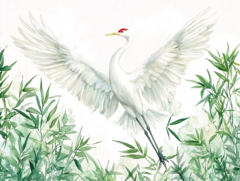 高清大图下载【趣麦麦图】水墨风仙鹤展翅竹林间