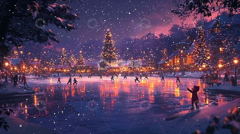 高清大图下载【趣麦麦图】下雪的圣诞小镇夜景