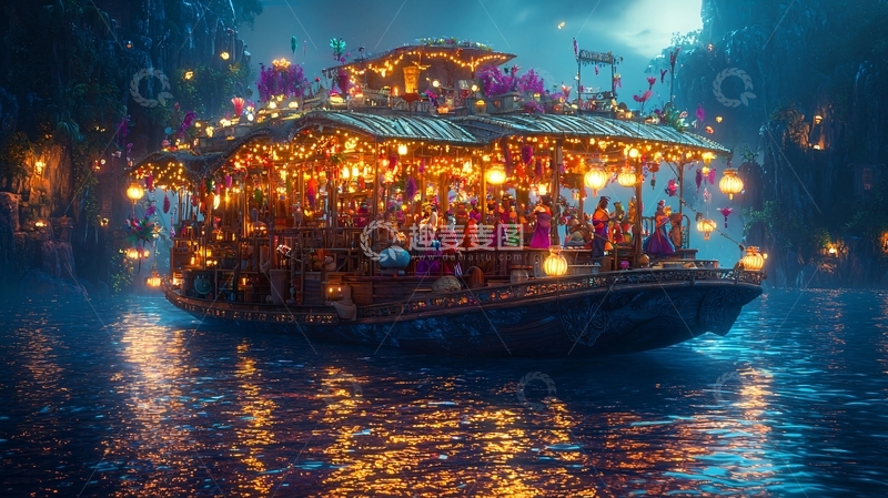 高清大图下载【趣麦麦图】梦幻般灯光河流船只