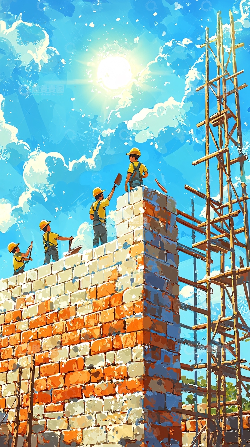 高清大图下载【趣麦麦图】阳光下工地砌砖工人