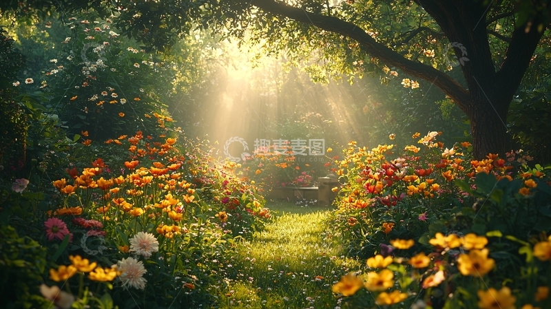 高清大图下载【趣麦麦图】阳光森林小路花海
