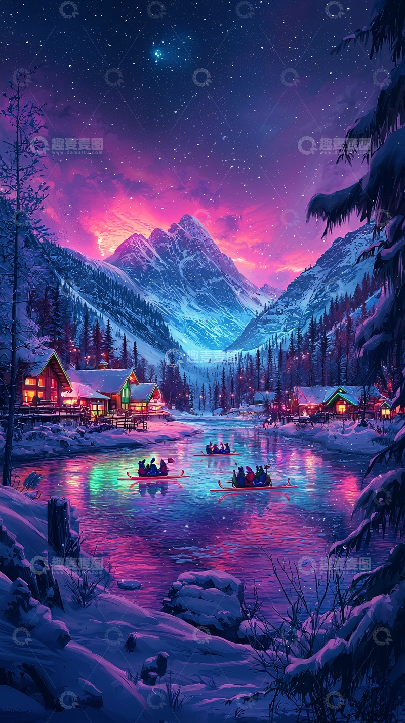 高清大图下载【趣麦麦图】梦幻雪山小镇夜景