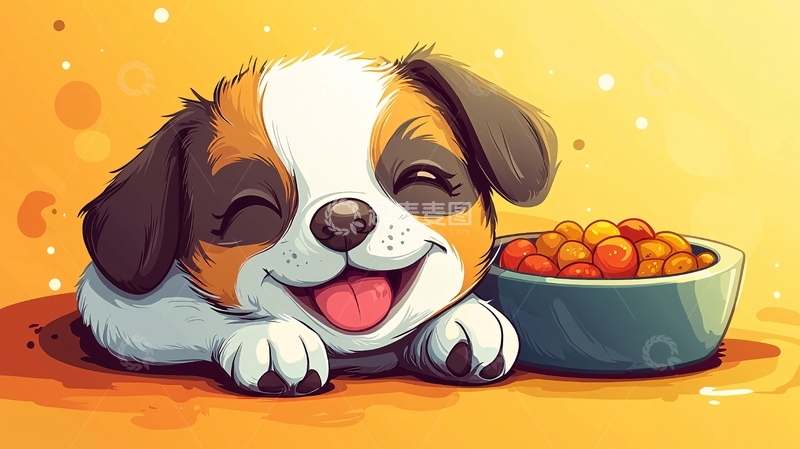 高清大图下载【趣麦麦图】快乐小狗趴在食物旁边