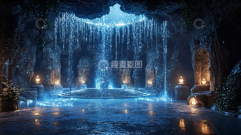 高清大图下载【趣麦麦图】幽蓝瀑布洞穴神殿