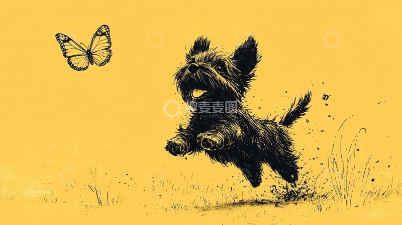 高清大图下载【趣麦麦图】小狗追逐蝴蝶的卡通画
