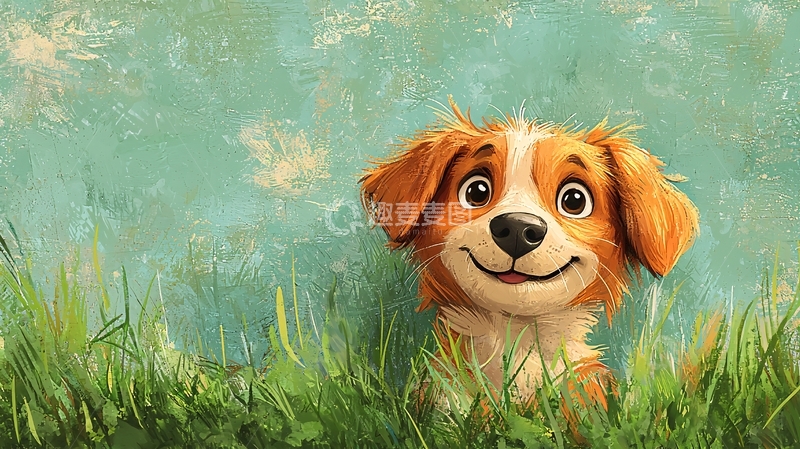 高清大图下载【趣麦麦图】卡通小狗在草地里微笑