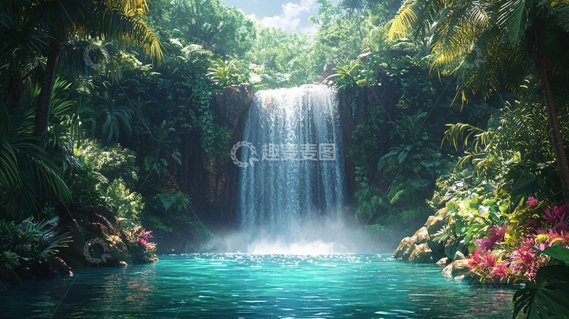 高清大图下载【趣麦麦图】热带雨林瀑布景观图
