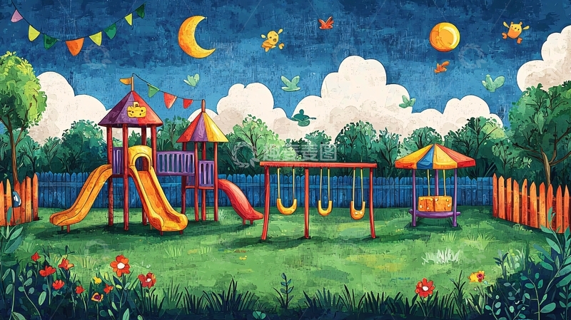 高清大图下载【趣麦麦图】儿童游乐场夜晚场景