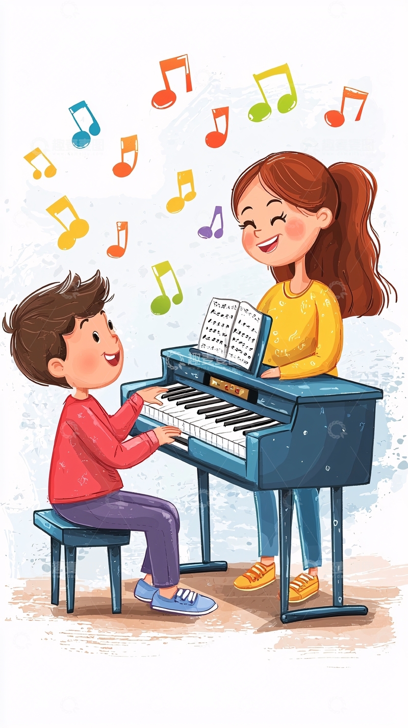 女孩教男孩弹钢琴
