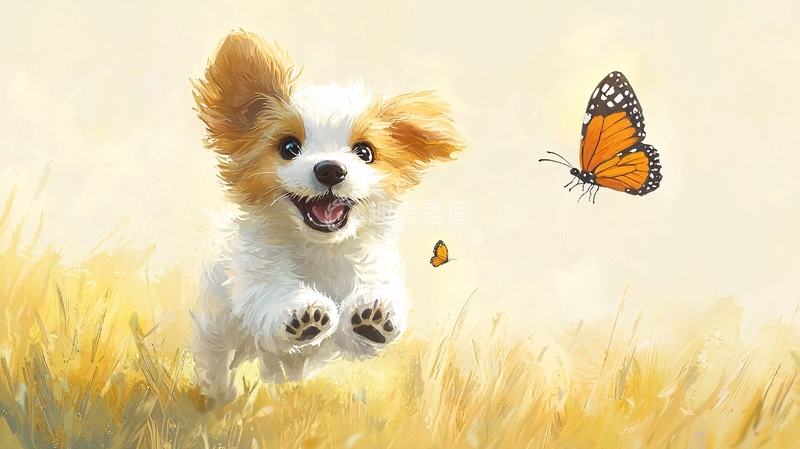 高清大图下载【趣麦麦图】小狗追逐蝴蝶