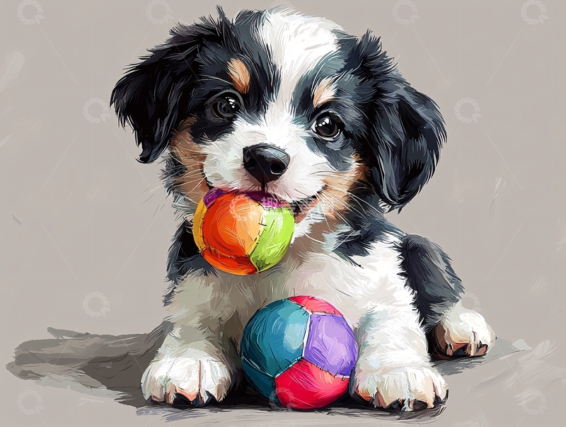 高清大图下载【趣麦麦图】可爱小狗叼着彩色球