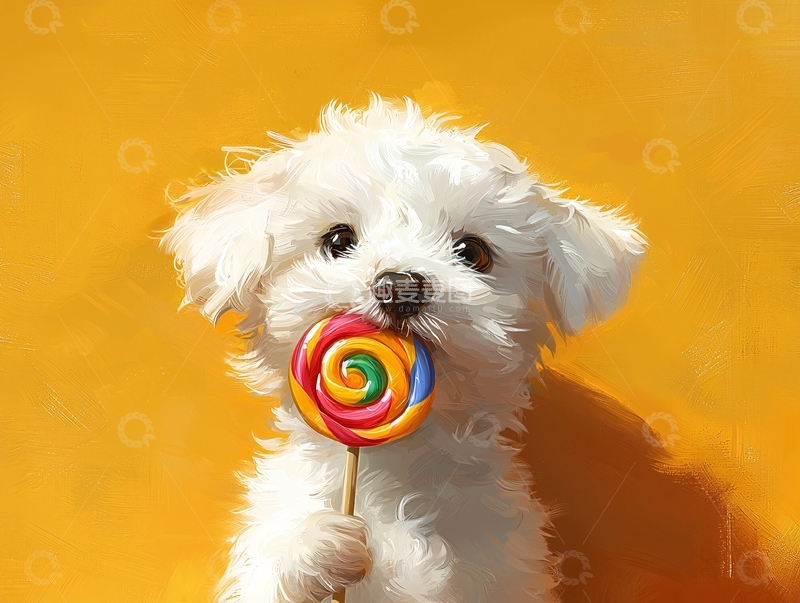 高清大图下载【趣麦麦图】小狗吃彩虹棒棒糖