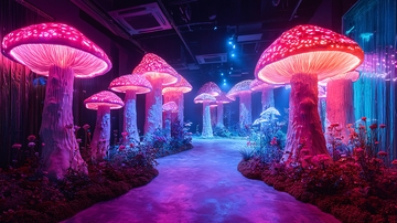 梦幻霓虹灯巨型蘑菇森林