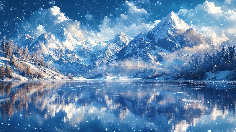 高清大图下载【趣麦麦图】冰雪覆盖的山脉与湖泊