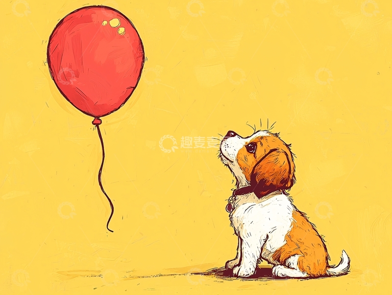 高清大图下载【趣麦麦图】小狗仰望红色气球