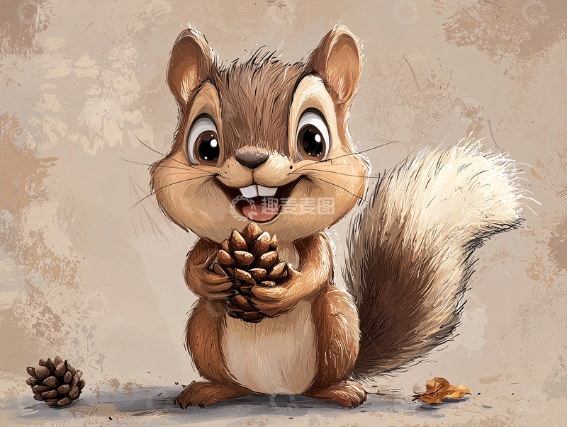 高清大图下载【趣麦麦图】可爱的卡通松鼠抱着松果