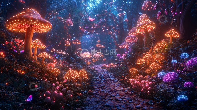 高清大图下载【趣麦麦图】发光蘑菇森林小路