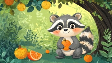 树下的小浣熊与橘子