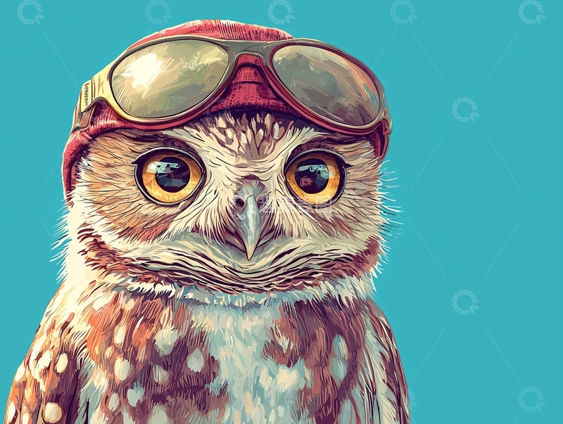 高清大图下载【趣麦麦图】戴红色帽子和护目镜的猫头鹰
