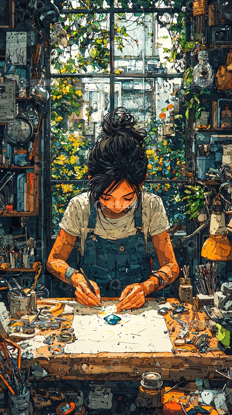 高清大图下载【趣麦麦图】窗边作画的女孩