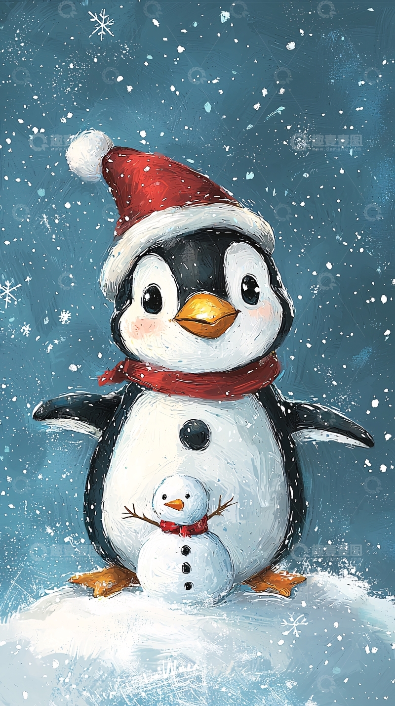 高清大图下载【趣麦麦图】戴圣诞帽的企鹅和雪人