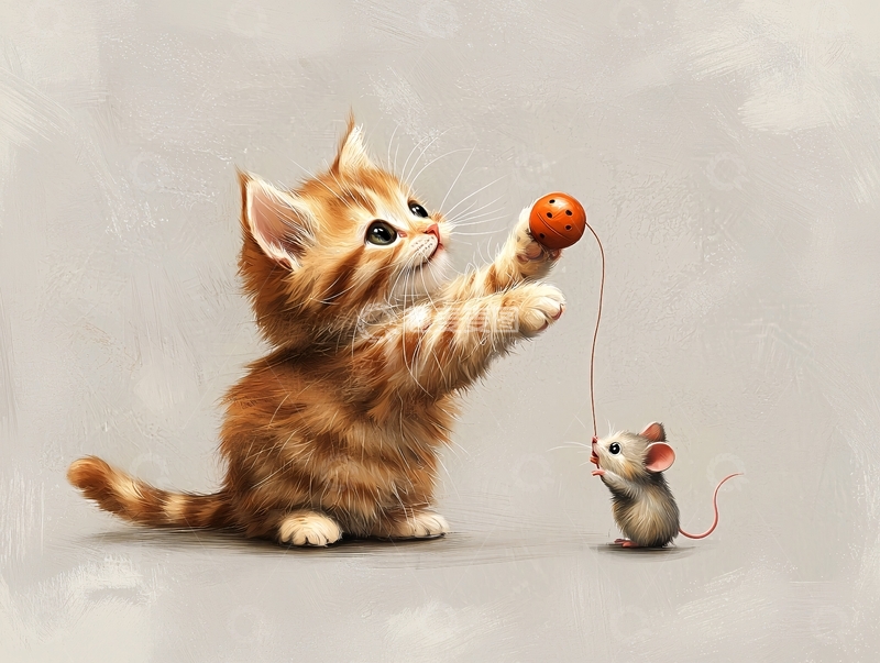 高清大图下载【趣麦麦图】小猫与小老鼠玩球的场景