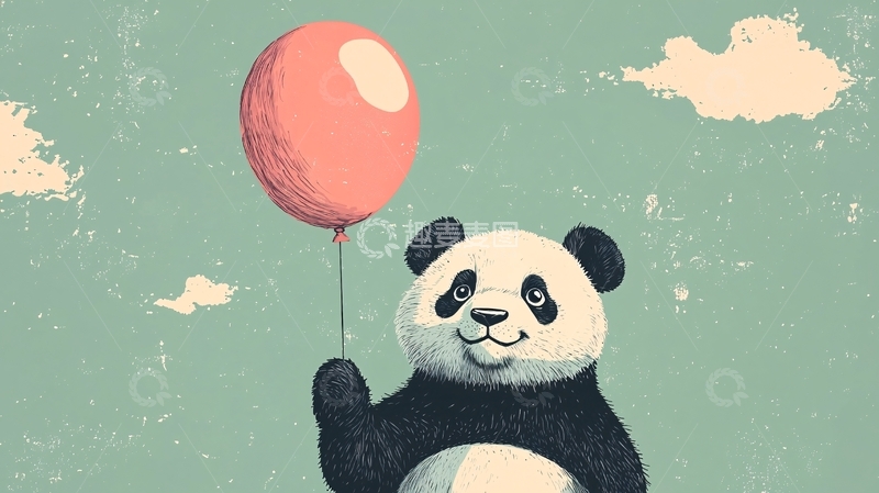 高清大图下载【趣麦麦图】熊猫拿着红色气球在天空