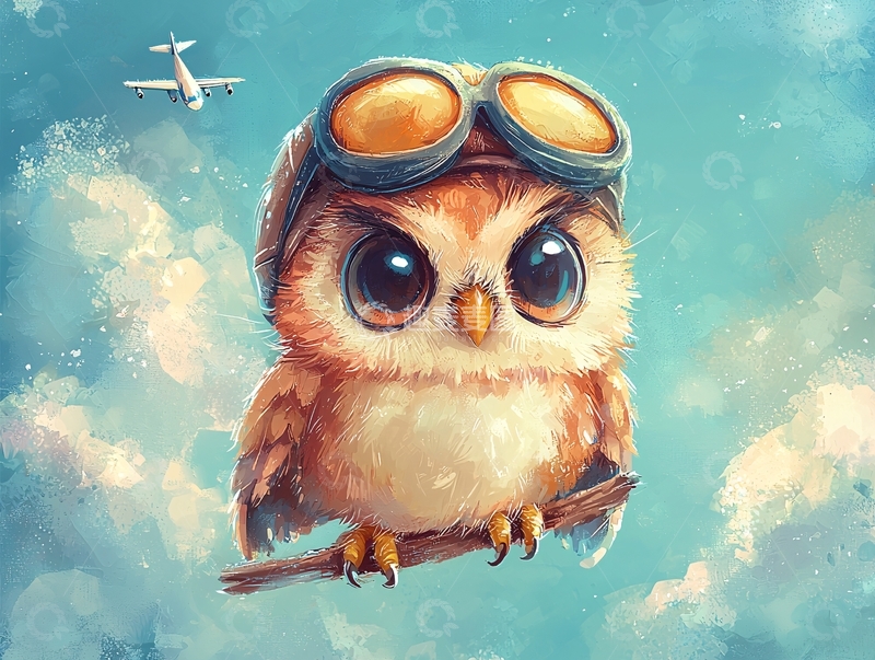 高清大图下载【趣麦麦图】戴飞行员帽的可爱猫头鹰