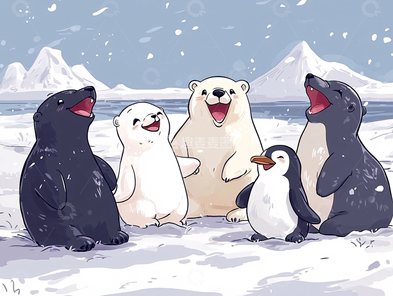 高清大图下载【趣麦麦图】一群动物在雪地里欢笑