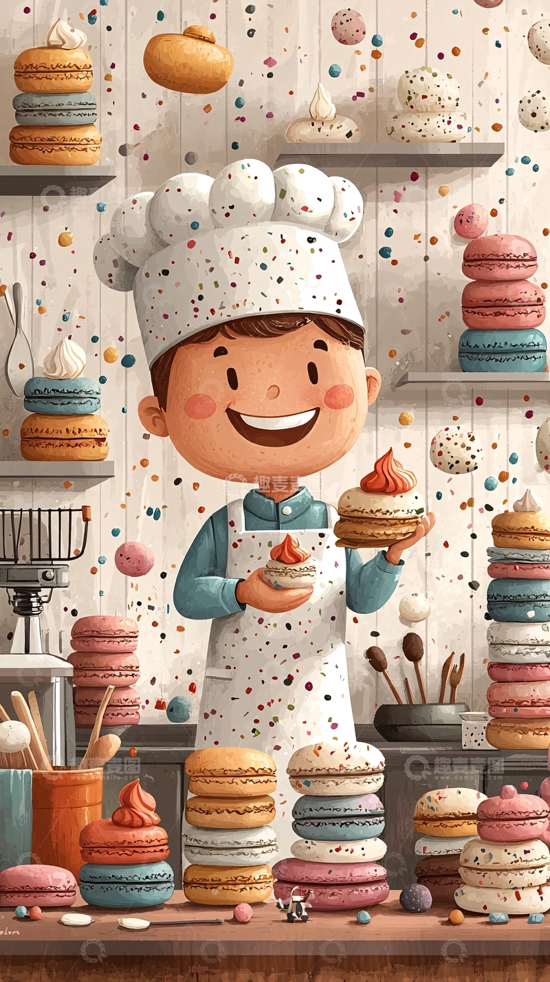 高清大图下载【趣麦麦图】卡通厨师制作马卡龙
