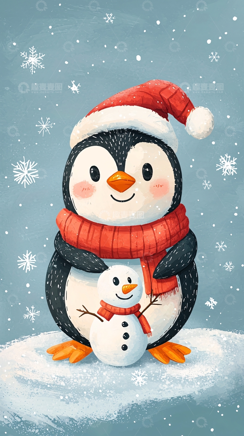 高清大图下载【趣麦麦图】可爱的企鹅和雪人